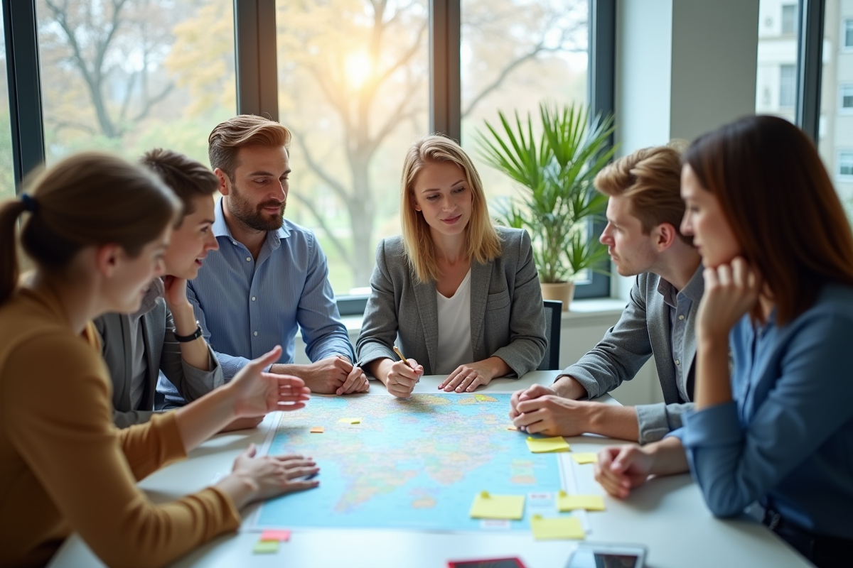 Collègues analysant une carte et des notes dans un bureau lumineux