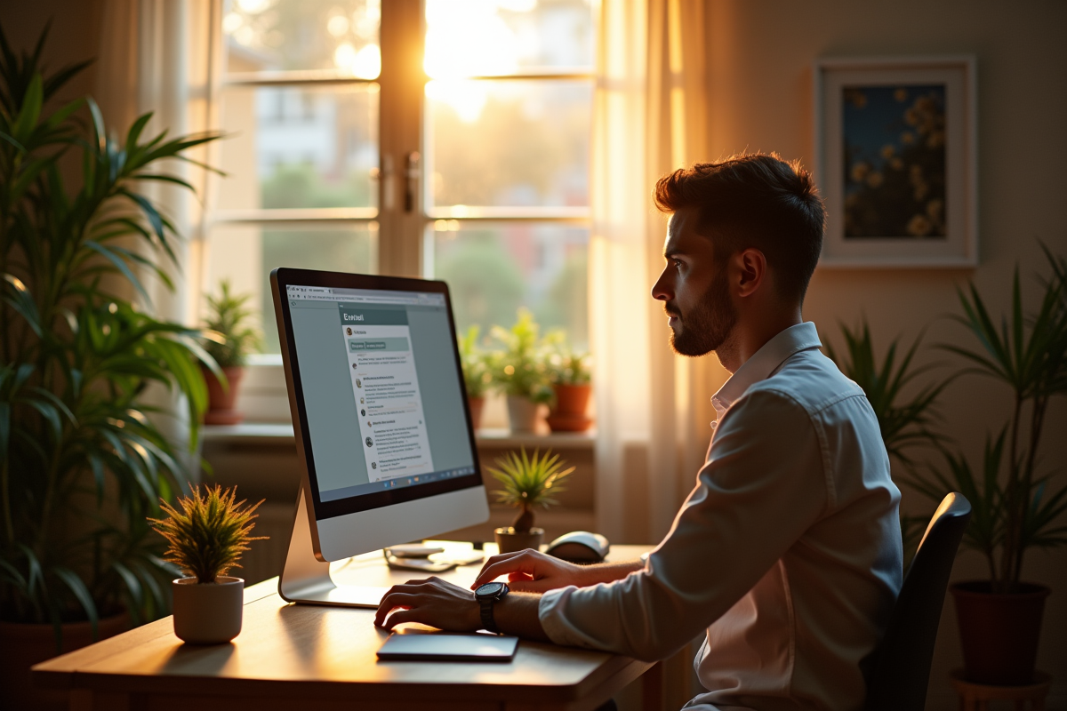 Espace de travail à domicile avec personne vérifiant ses emails