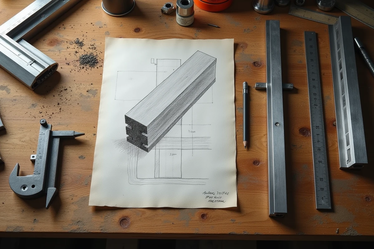 Vue aérienne d'un établi d'atelier avec des profils inox, un mètre et des plans techniques pour éviter les erreurs de commande