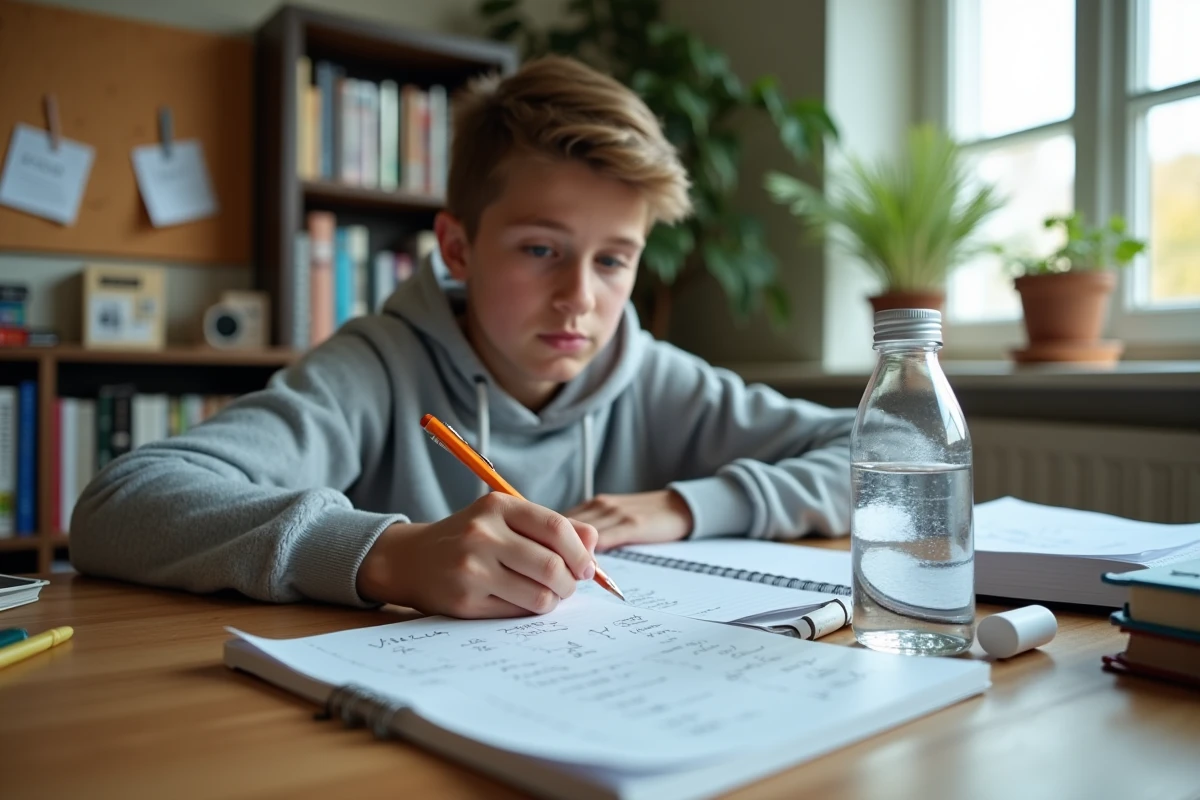 Étudiant calculant la conversion de litres en mètres cubes dans un cahier de mathématiques avec une bouteille d'eau en référence