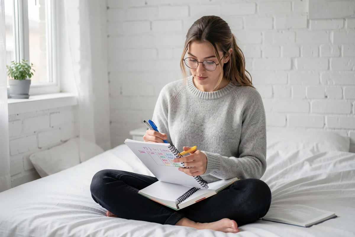 Étudiante révisant un tableau de conversion de mètres cubes dans sa chambre avec un carnet de notes