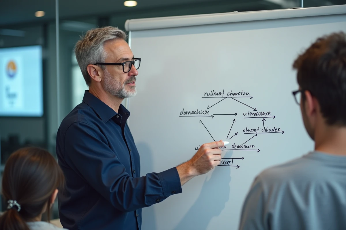 Expert SEO expliquant les redirections d'URL et la migration de domaine lors d'une réunion d'équipe