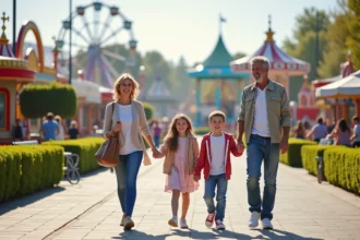 Famille multigenerations souriante dans un parc d'attractions