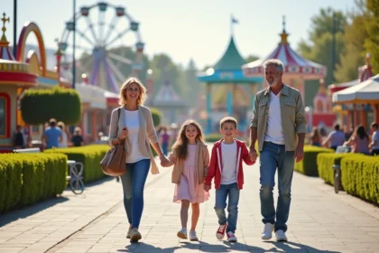 Famille multigenerations souriante dans un parc d'attractions