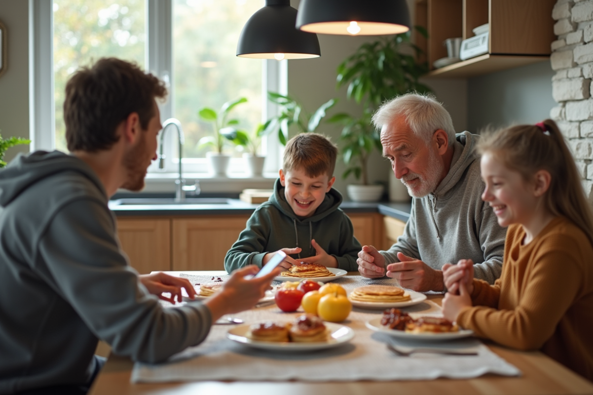 Famille multigenerations autour d'un petit déjeuner convivial