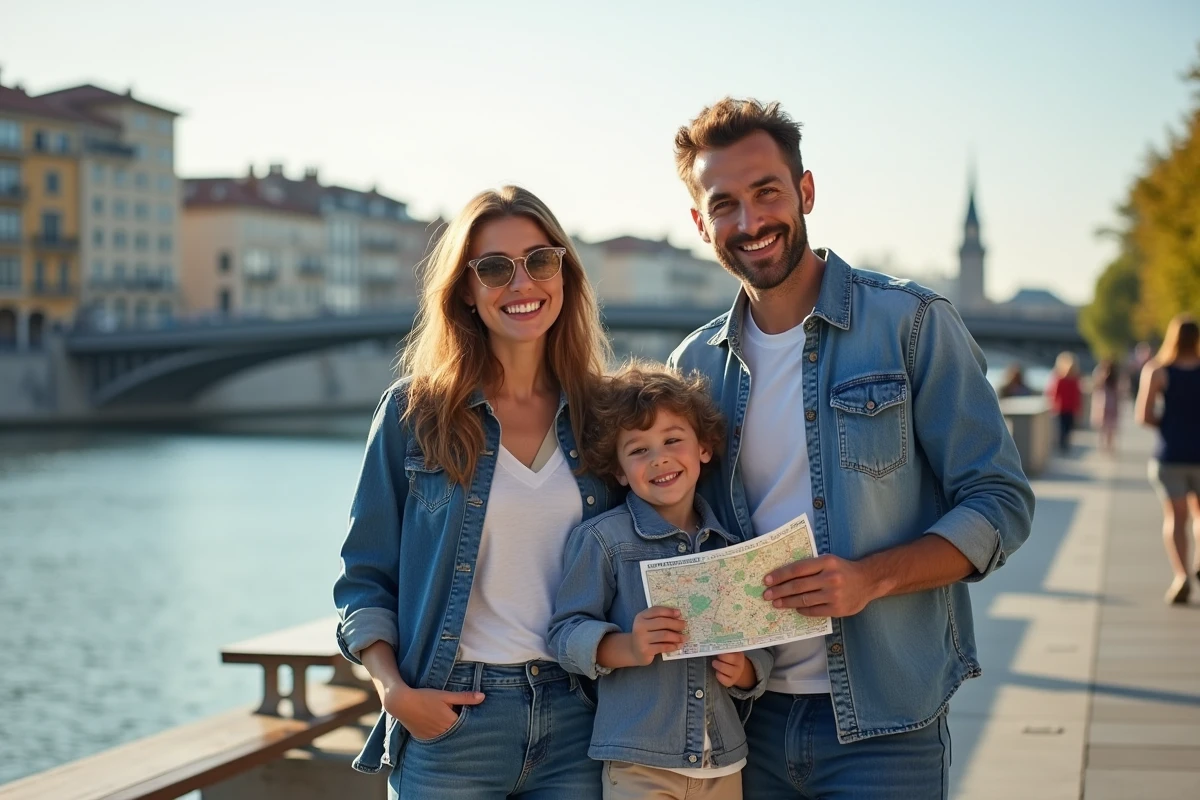 Famille souriante se promenant au bord de la rivière à Lyon