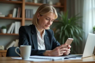 Femme d affaires en bureau moderne regardant son smartphone