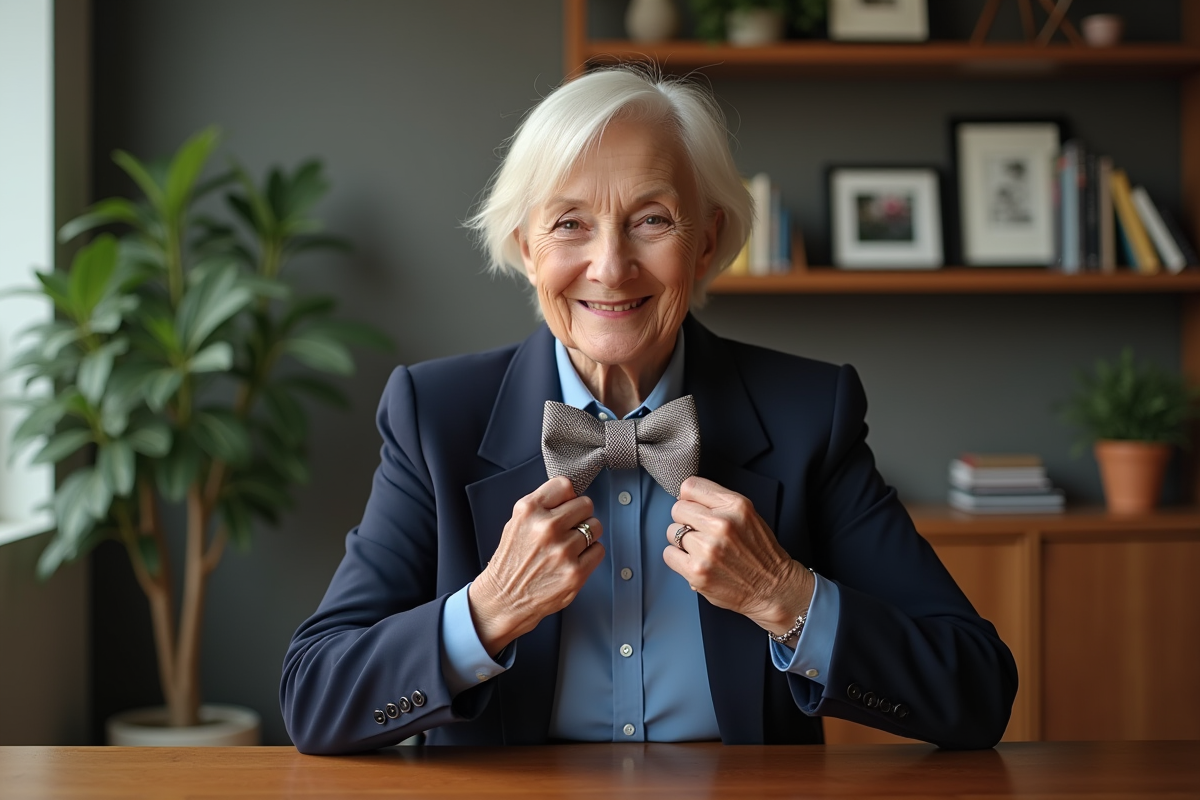 Femme âgée montre comment faire un nœud papillon avec douceur