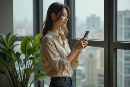 Jeune femme regardant son smartphone dans un appartement moderne