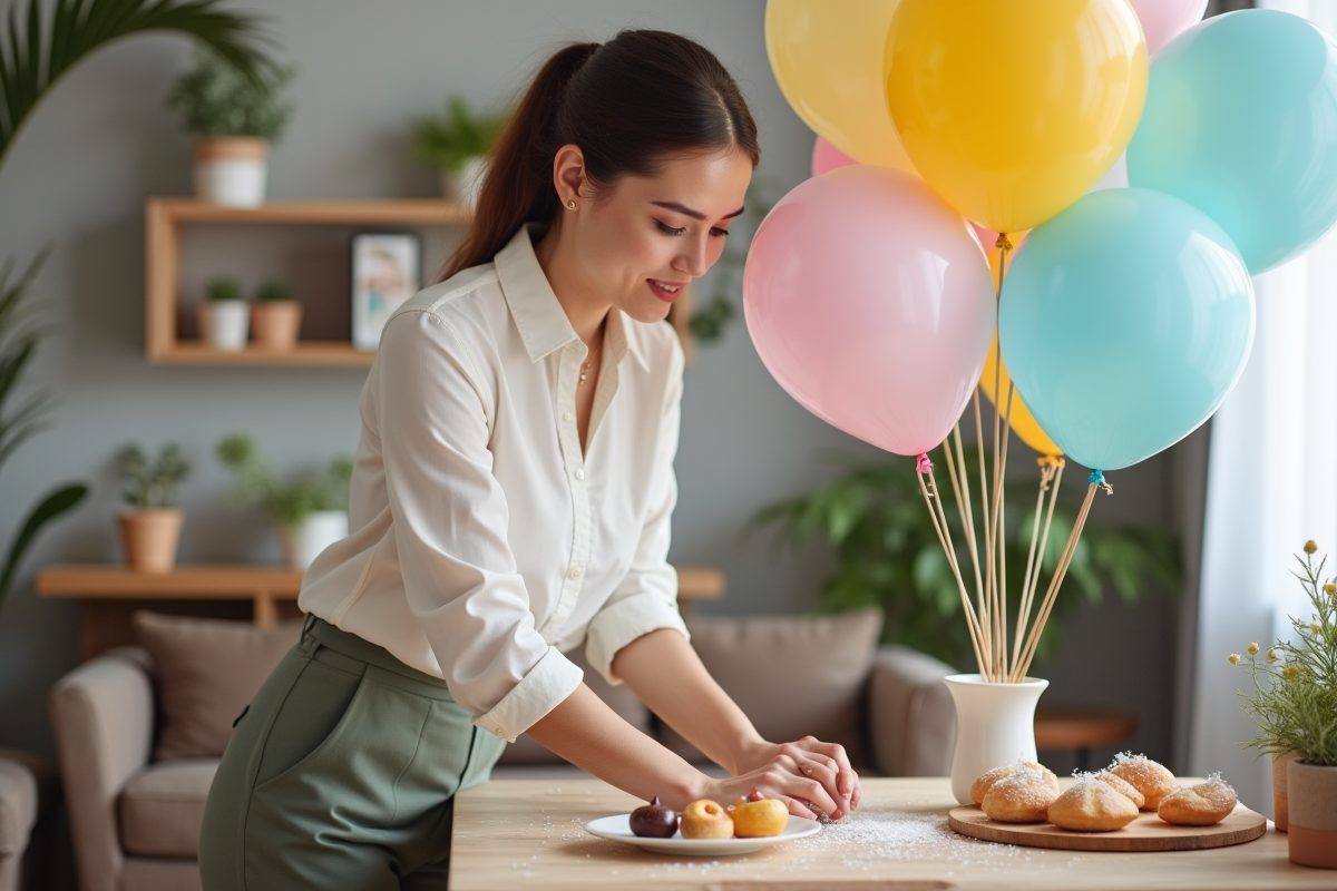 Jeune femme arrangeant des ballons pastel dans un intérieur