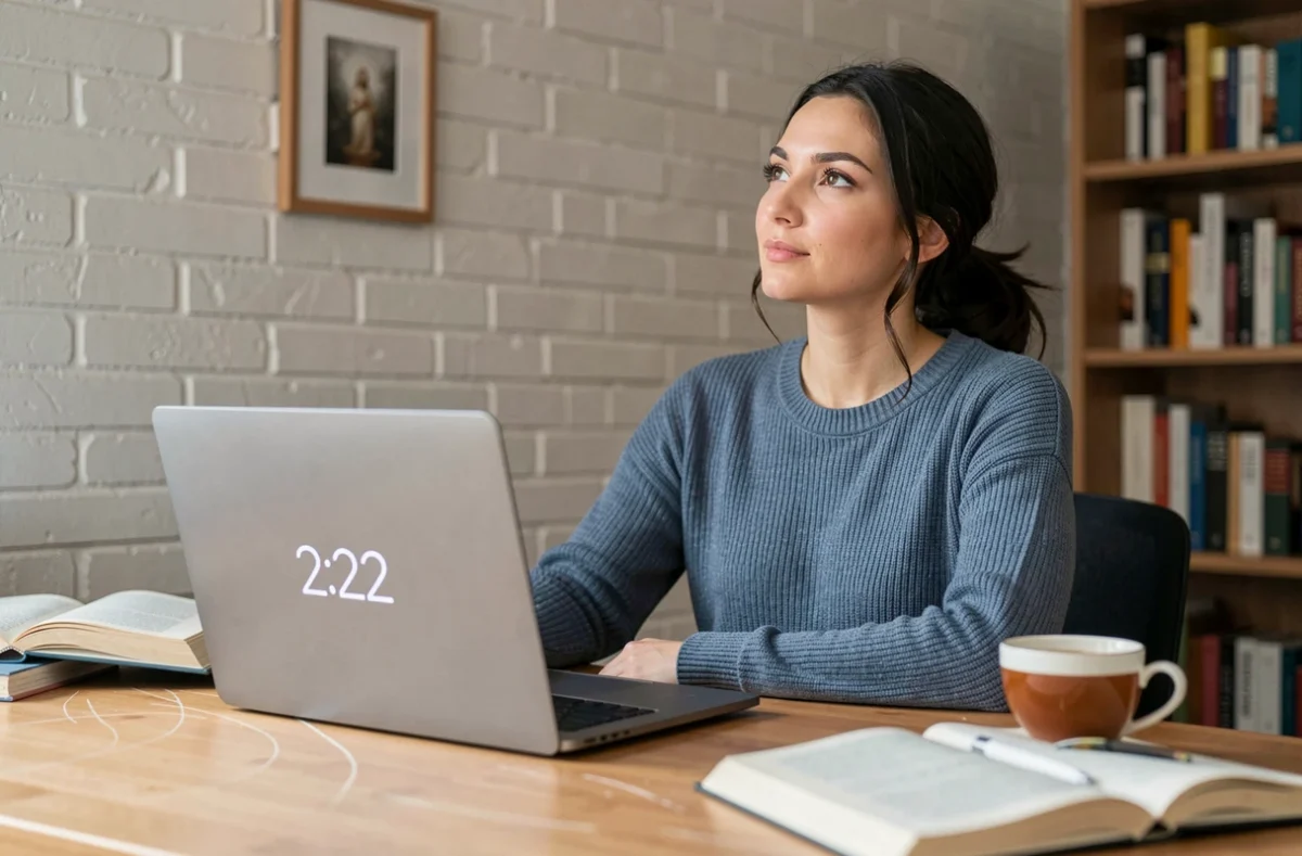Jeune femme en télétravail remarquant l'heure 2h22 sur son ordinateur, reflétant la signification spirituelle du nombre 222
