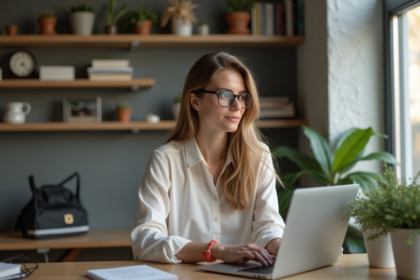 Femme concentrée travaillant sur son ordinateur dans un bureau cosy