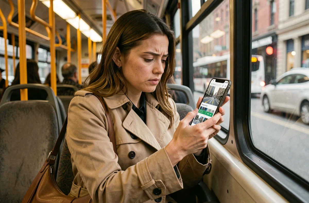 Femme dans un bus consultant l'horaire en temps réel du bus 91 sur Google Maps