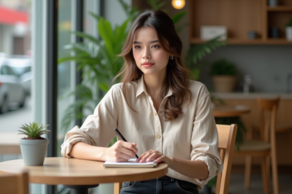 Jeune femme prenant des notes dans un café moderne
