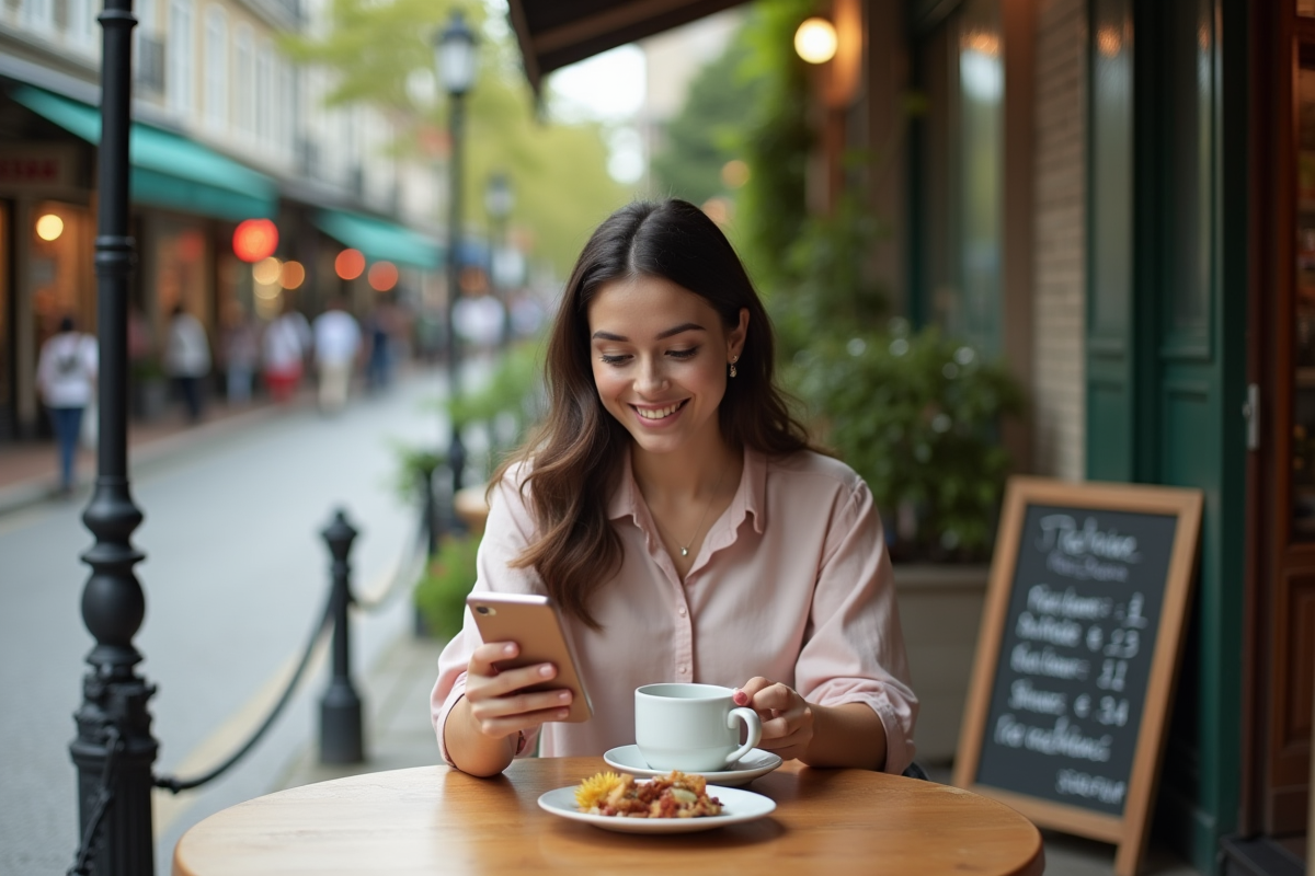 Jeune femme au café vérifiant son smartphone