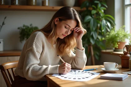 Femme moyenne âge marque calendrier lunaire dans la cuisine