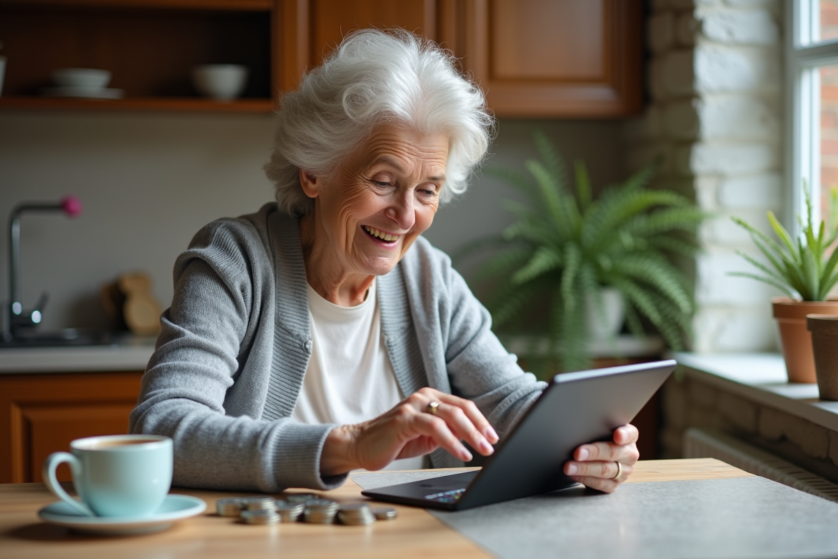 Femme âgée comptant des euros et regardant un graphique