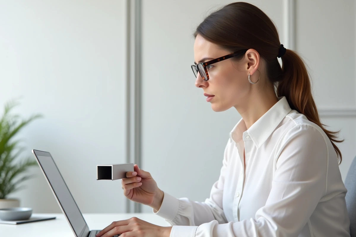 Femme comparant un échantillon de profil en inox avec des caractéristiques techniques sur ordinateur pour éviter les erreurs de commande