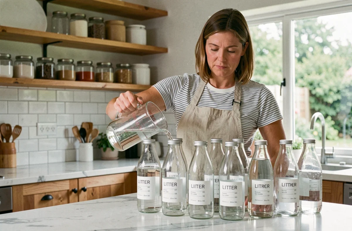 Femme en cuisine comparant des volumes d'eau en litres pour comprendre la mesure d'un mètre cube