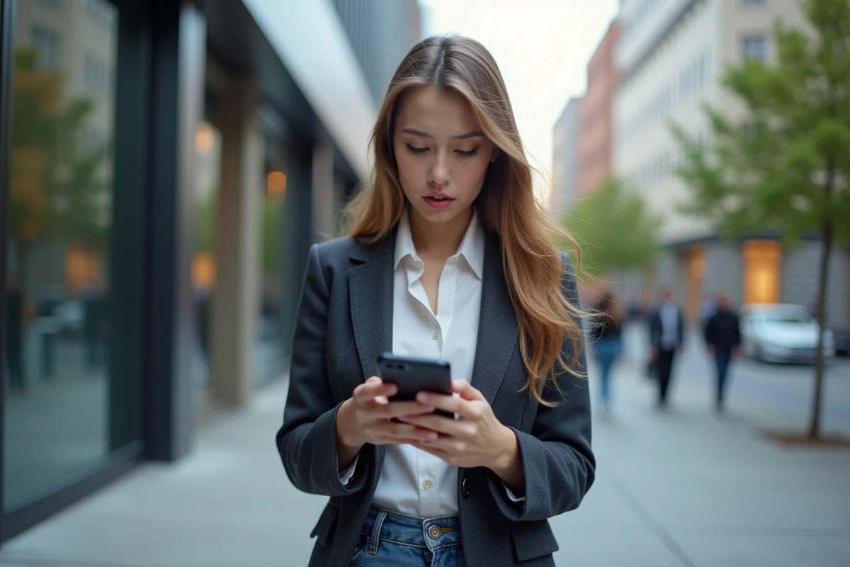 Jeune femme vérifiant notifications sur smartphone en ville