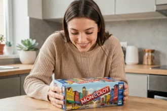 Jeune femme découvrant la boîte du jeu Monopoly Ville dans une cuisine moderne et chaleureuse