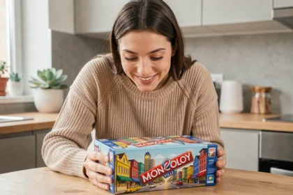 Jeune femme découvrant la boîte du jeu Monopoly Ville dans une cuisine moderne et chaleureuse