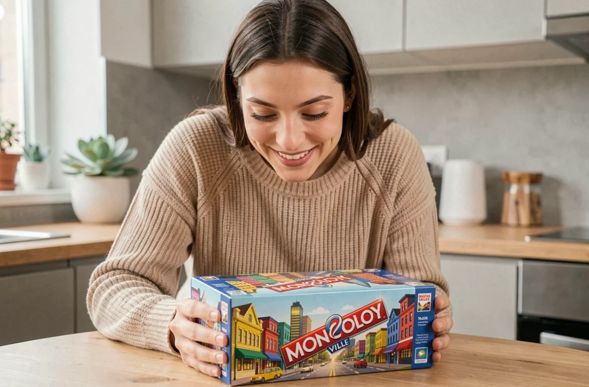 Jeune femme découvrant la boîte du jeu Monopoly Ville dans une cuisine moderne et chaleureuse