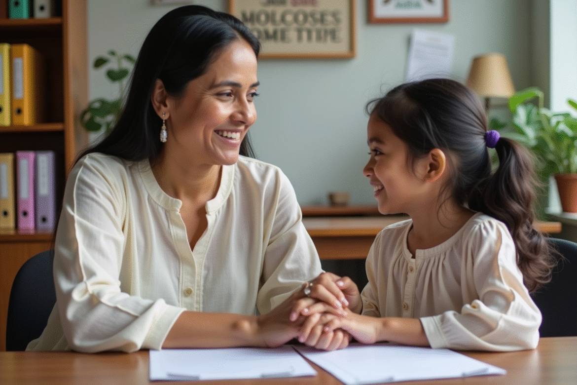 Femme et enfant souriants dans un bureau d'adoption indien