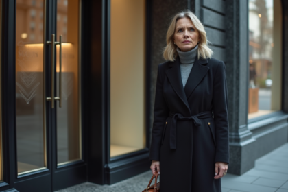 Femme élégante devant une boutique de luxe fermée