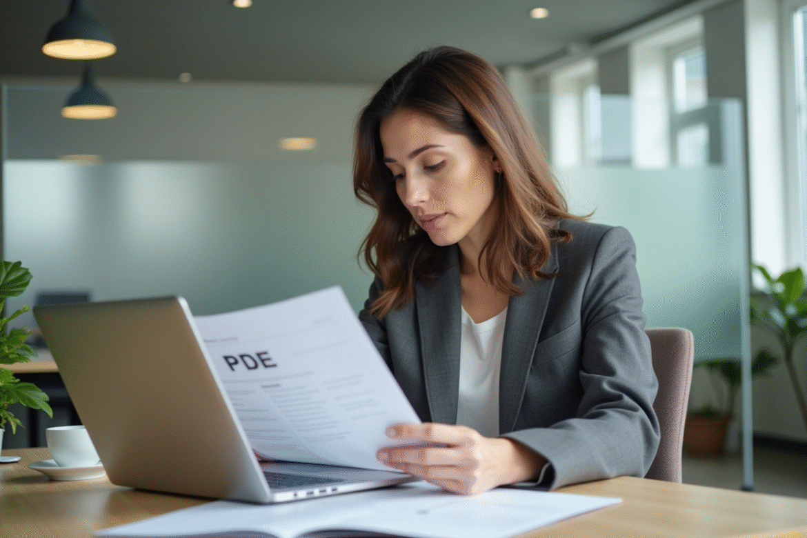 Femme concentrée étudiant un document PDE dans un bureau moderne