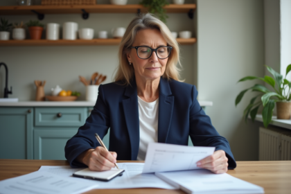 Femme française en blazer bleu gérant ses finances à la maison