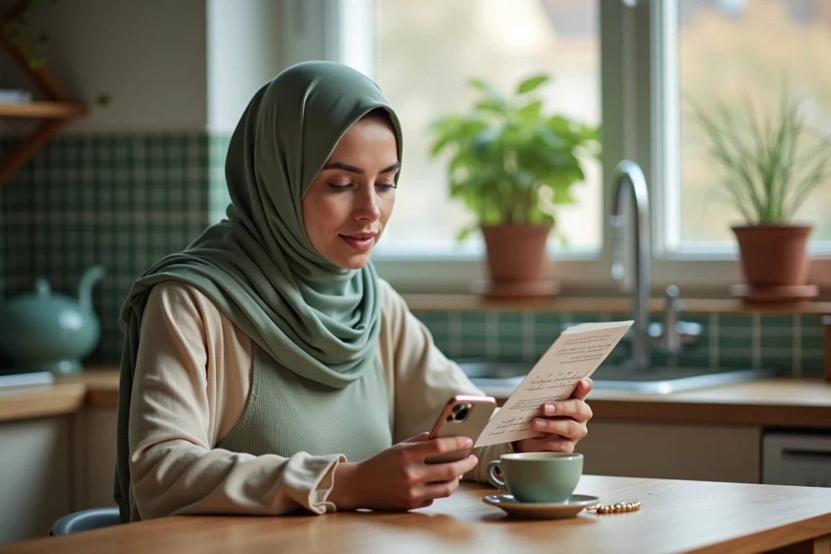 Femme musulmane consultant les horaires de prière du Ramadan sur une application mobile à Vénissieux