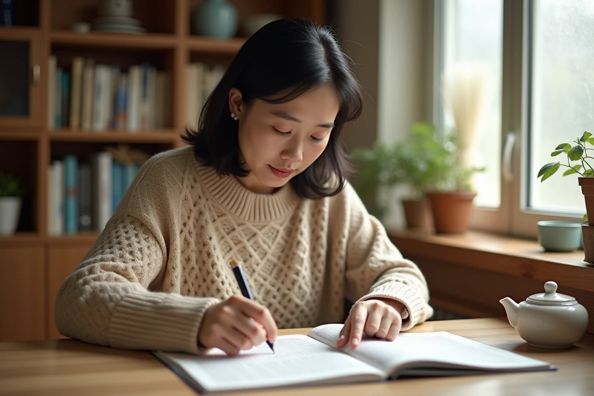 Femme japonaise concentrée résolvant des mots fléchés difficiles avec une grille représentant des villes du Japon