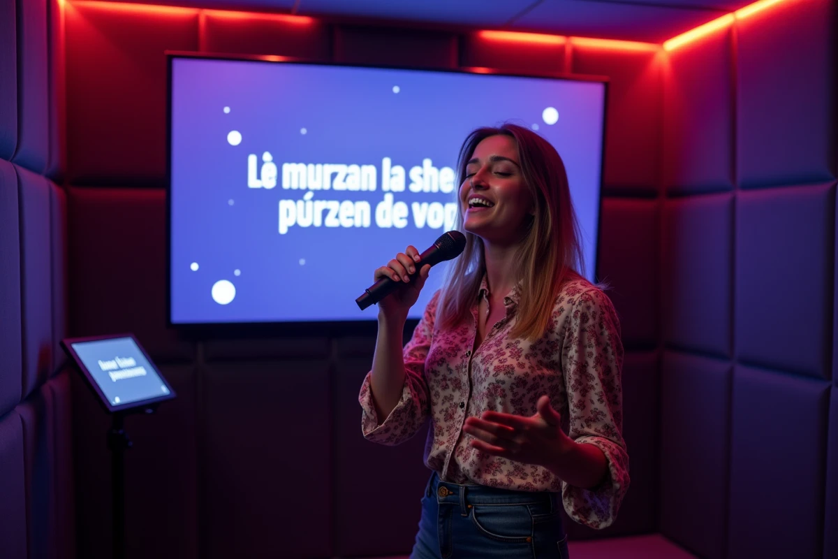 Femme chantant une chanson de Francis Cabrel sur un écran de karaoké dans une salle privée colorée