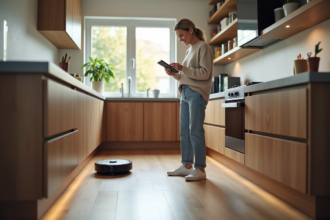 Femme souriante dans sa cuisine moderne avec robot aspirateur