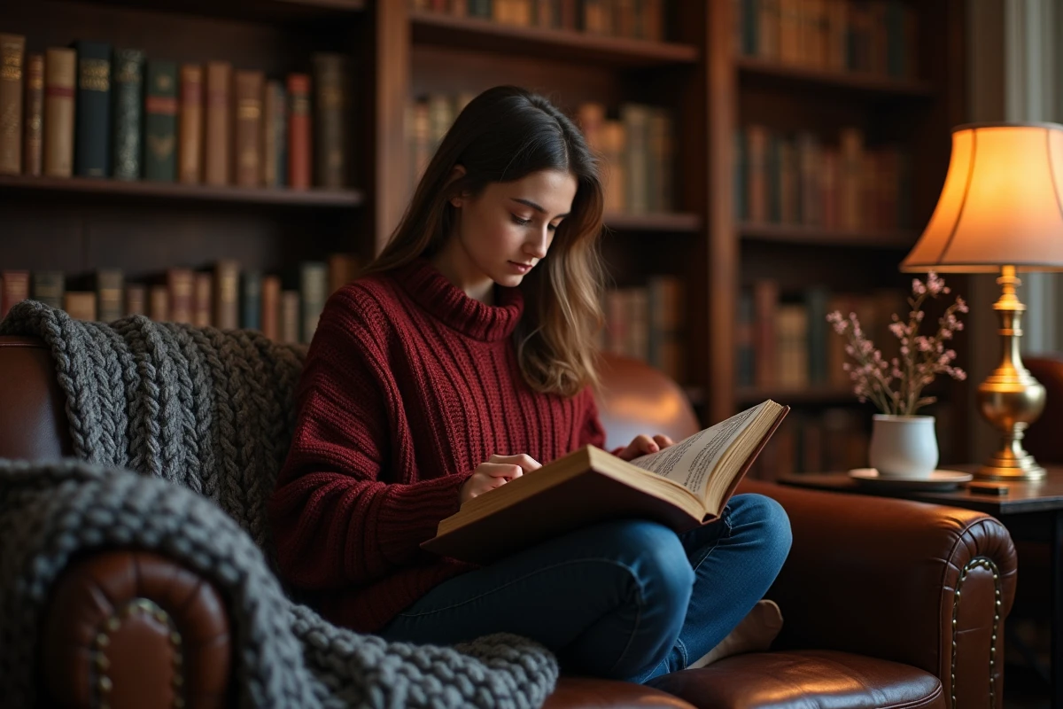 Jeune femme lisant un roman de fantasy épique dans une bibliothèque chaleureuse, illustrant la question de l'ordre de visionnage du Hobbit et du Seigneur des Anneaux
