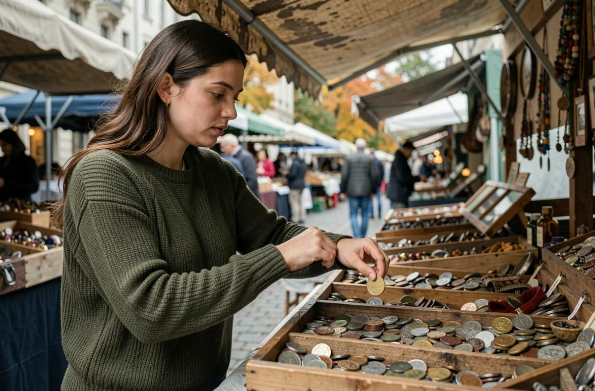 Jeune femme découvrant une pièce de 2 euros rare sur un étal de marché aux puces, entourée d'une collection de vieilles monnaies