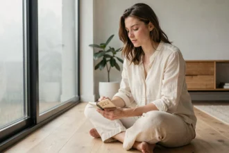Femme méditant sur la signification du nombre 222 dans un carnet manuscrit, atmosphère zen et minimaliste