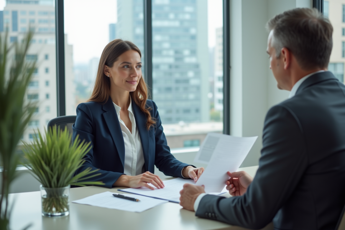 Femme professionnelle négociant un contrat immobilier au bureau