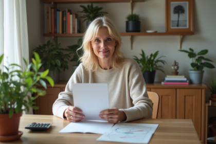Femme d'âge moyen travaillant à la maison avec papiers et calculatrice