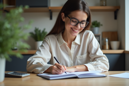 Femme organisée à la maison avec papiers et calculatrice