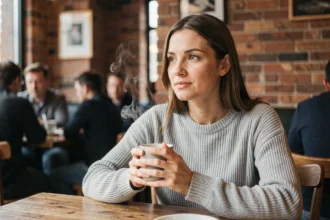 Femme pensive dans un café tenant une tasse, regard perdu dans ses pensées, illustrant l'intuition et les signes qu'une personne pense à vous