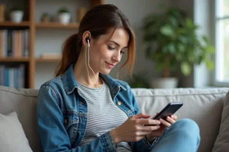 Femme détendue écoutant un podcast chez elle