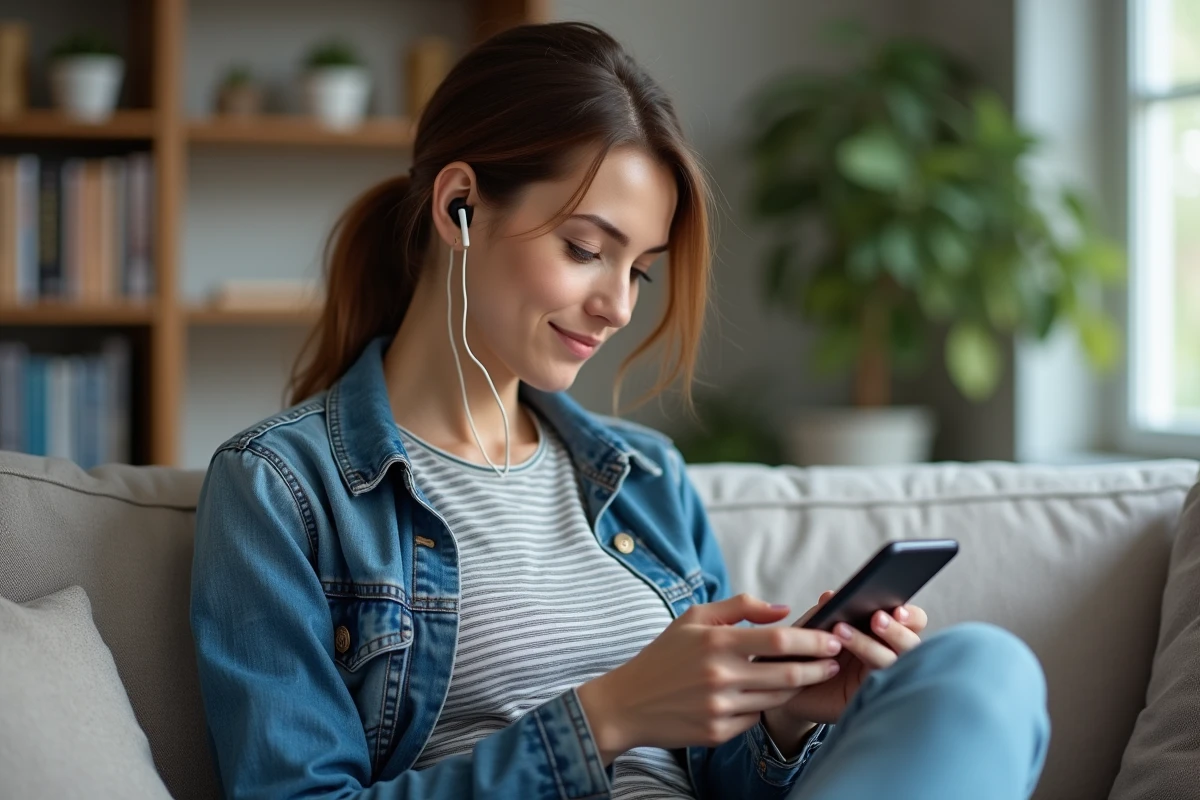 Femme détendue écoutant un podcast chez elle