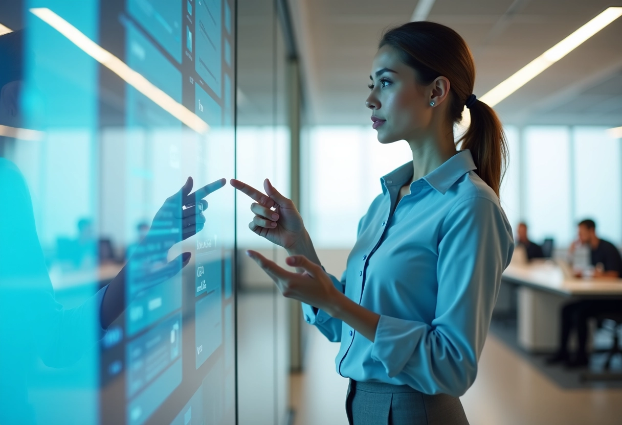 Jeune femme professionnelle présentant une plateforme digitale