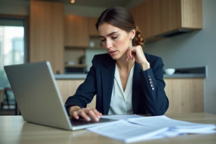 Femme en blazer bleu examine des papiers de pret immobilier