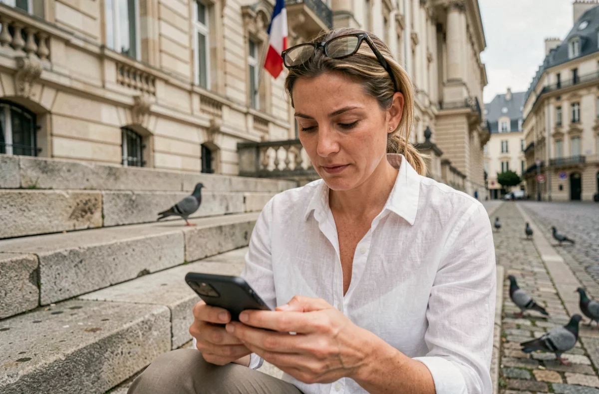 Femme française consultant un quiz d'orientation républicaine sur smartphone devant une mairie avec drapeau tricolore