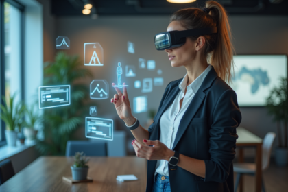 Femme en réalité augmentée dans un bureau moderne
