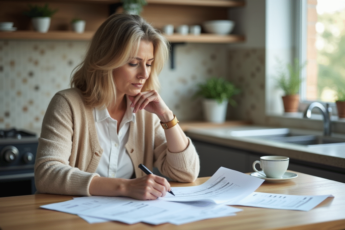 Femme réfléchissant à ses finances de retraite à la maison