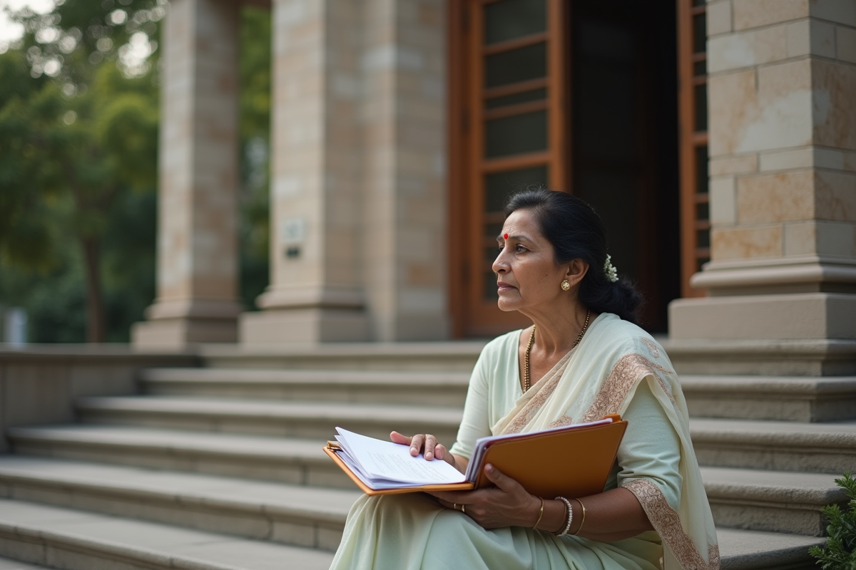 Femme indienne en sari sur les marches du tribunal